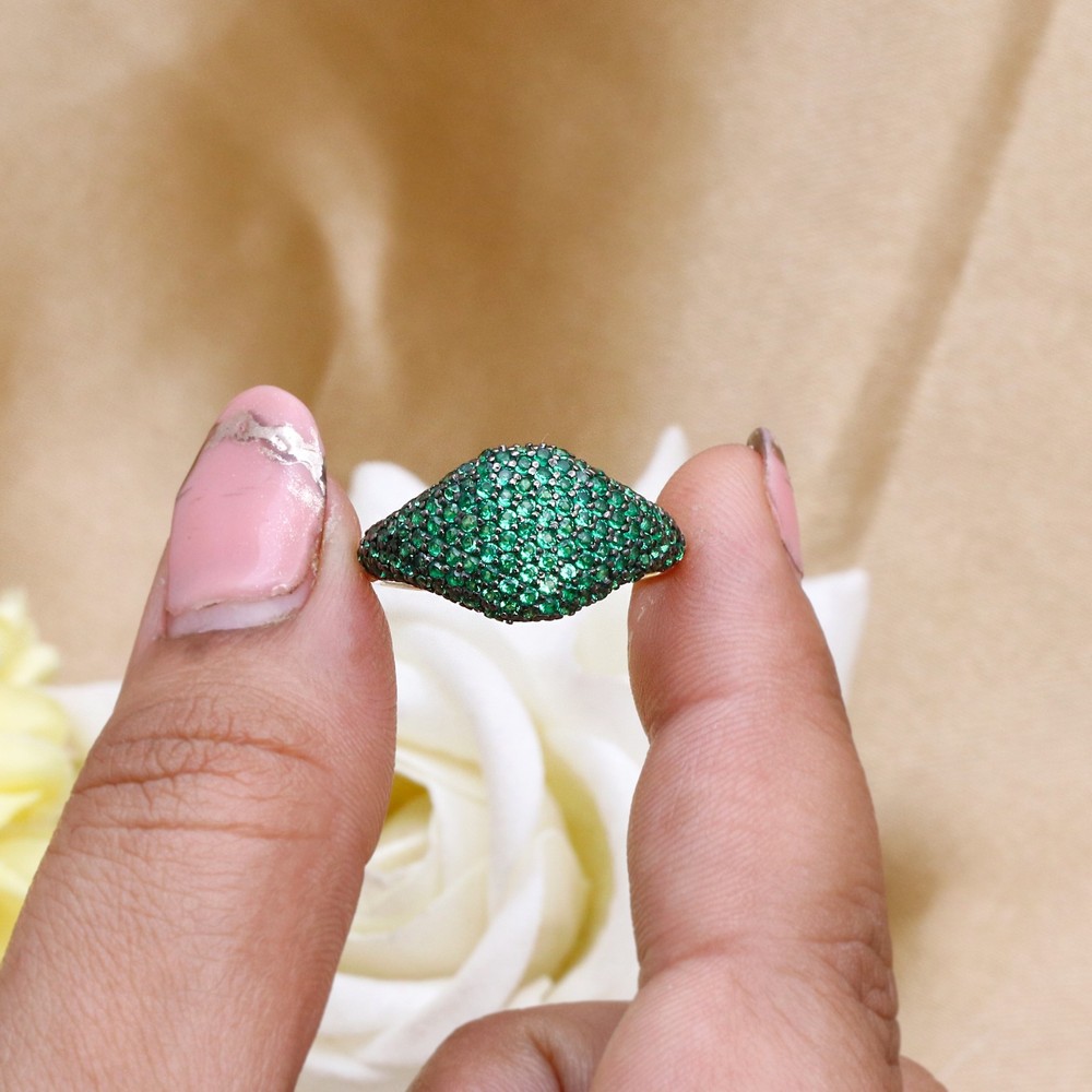925 Sterling Silver Lab Created Emerald Pave Ring, Dome Statement Ring for Women