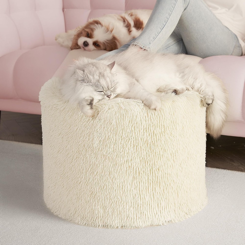 Hansleep Round Stuffed Pouf Ottoman 17 x 14, Foam Filled Faux Fur Ottoman Foo...