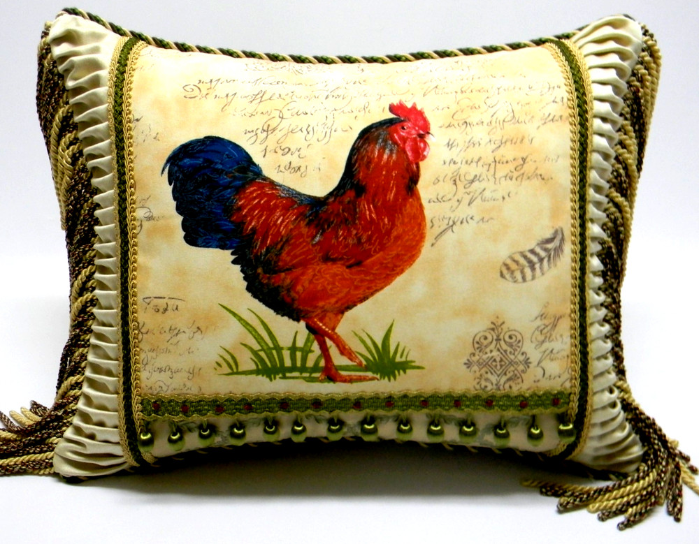 French Script & Rooster,  Designer accent Pillow W/ insert