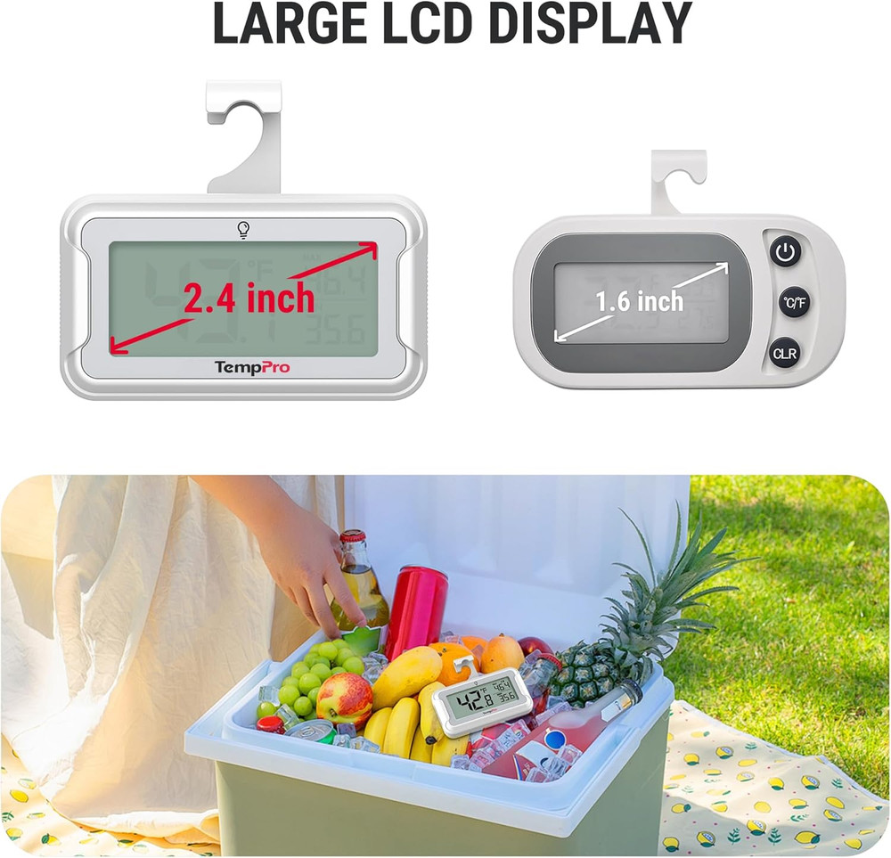 Refrigerator Thermometer 2 Pack with Large Backlit LCD Display, Waterproof Freez