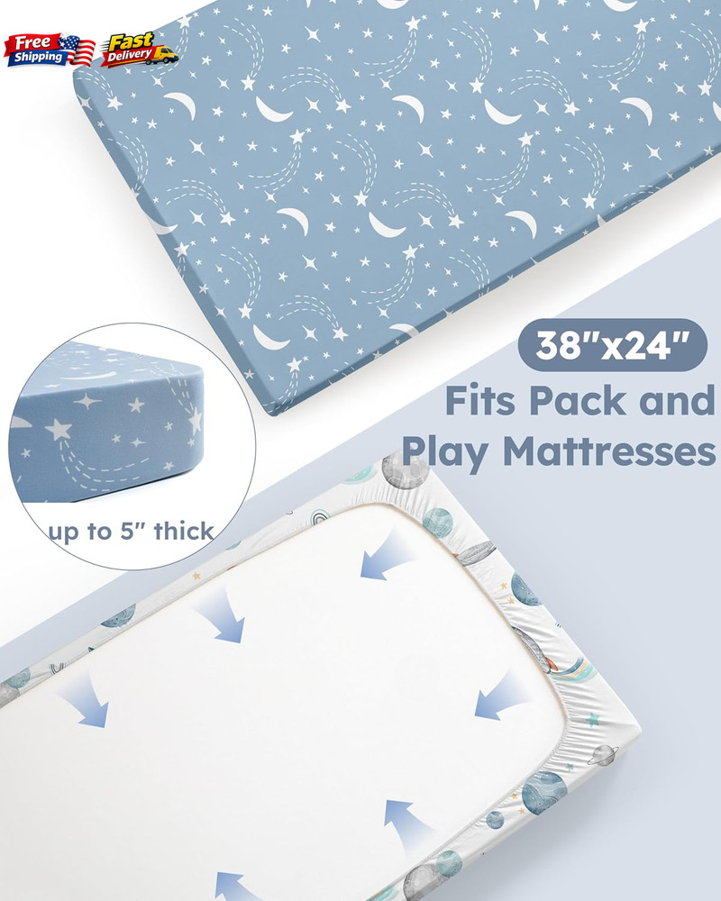 2-Pack Pack and Play Sheets 38x26" Mini Crib Fitted Sheets Blue Rocket Soft 2ct