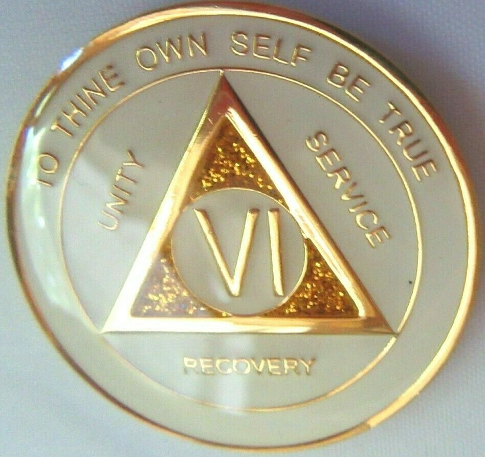 White SPARKLE Alcoholics Anonymous 6 year AA Medallion Chip token