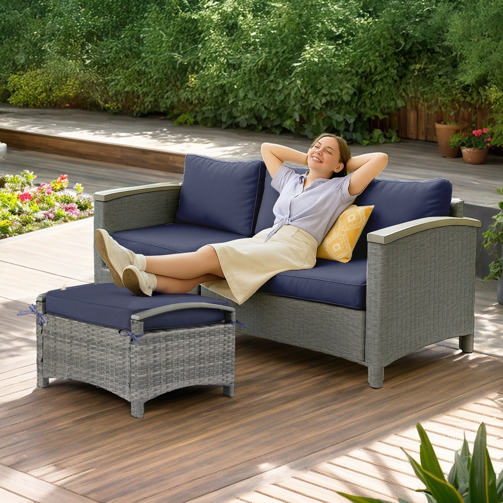 Gray Rattan with Cushions 2PCS In/Outdoor Plastic Wood Armrest Rattan Footstool