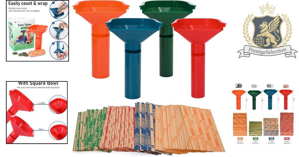 Organize Your Coins: 150 Assorted Coin Wrappers & 4 User-Friendly Sorting Tubes