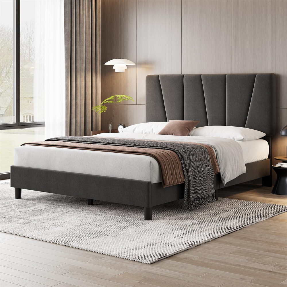⏯🆕Full Bed Frame with Adjustable Diagonal Channel Tufted Headboard Wooden Slats
