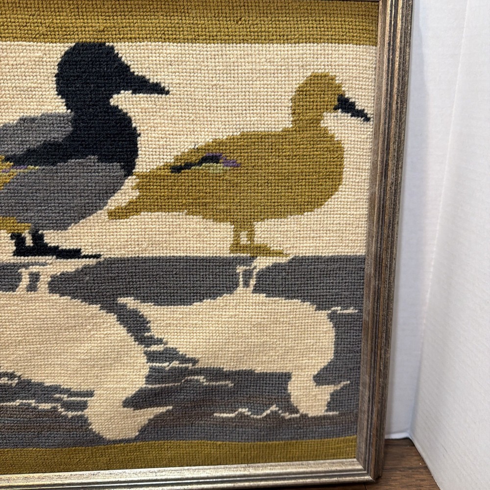 Vintage Finished Needlepoint Duck Reflections Framed -22x17”