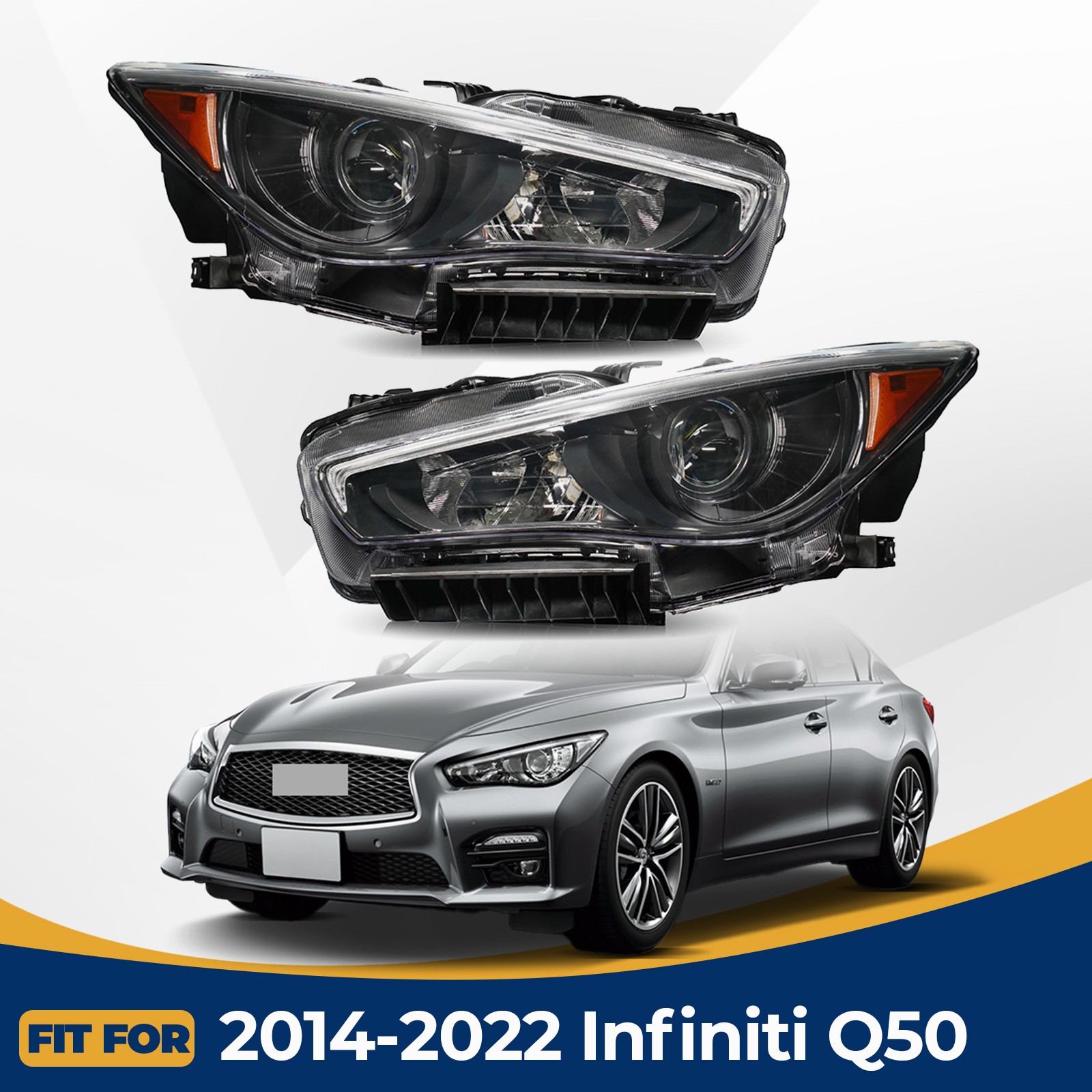 JDM Black Upgrade LED Headlights For 2014-2022 Infiniti Q50 w/o AFS Left+Right