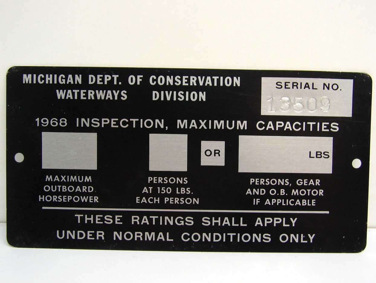 Vintage 1968 Michigan Boat Inspection Tag Metal License Plate Max Passengers Sig