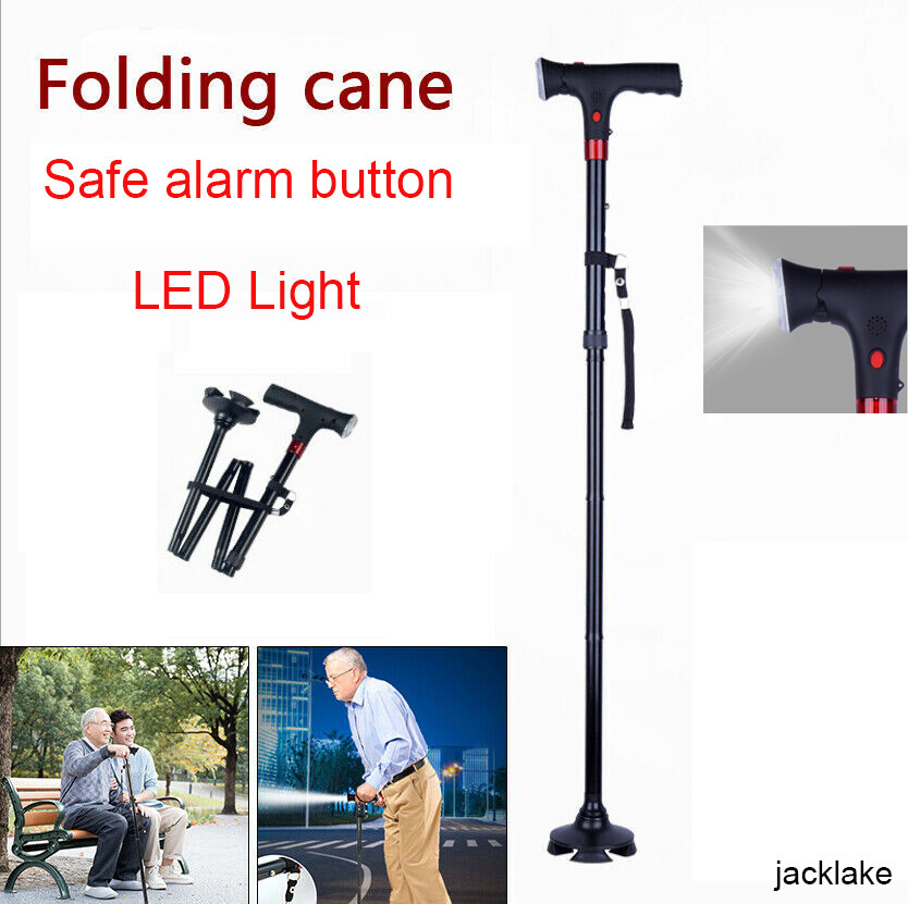 Foldable Walking Stick w/Alert Function LED Light Height Adjustable Walking Cane