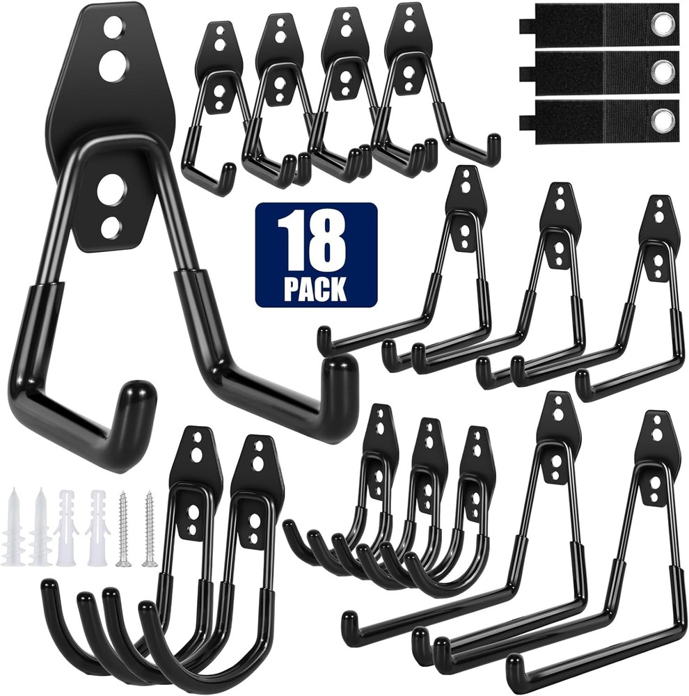 18 Pack Garage Hooks, Anti-Slip Coating, Hooks for Hanging Heavy Duty Black