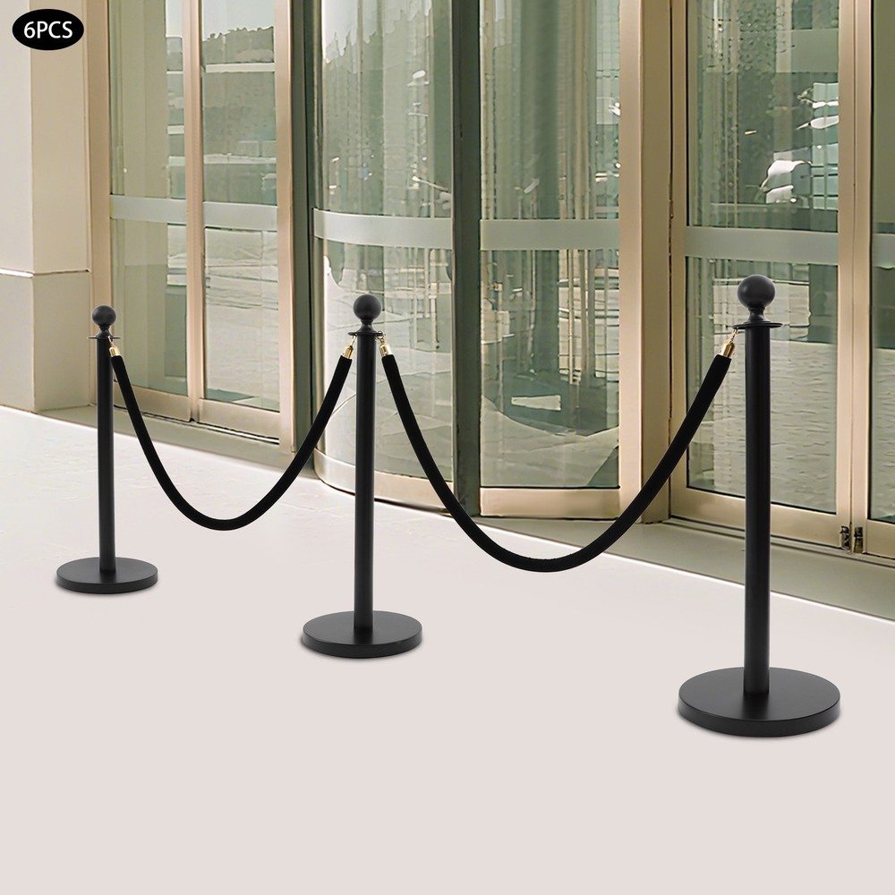 6 PCS Black Stanchion Posts Queue Pole with 4 1.5M Ropes Crowd Control Barrier