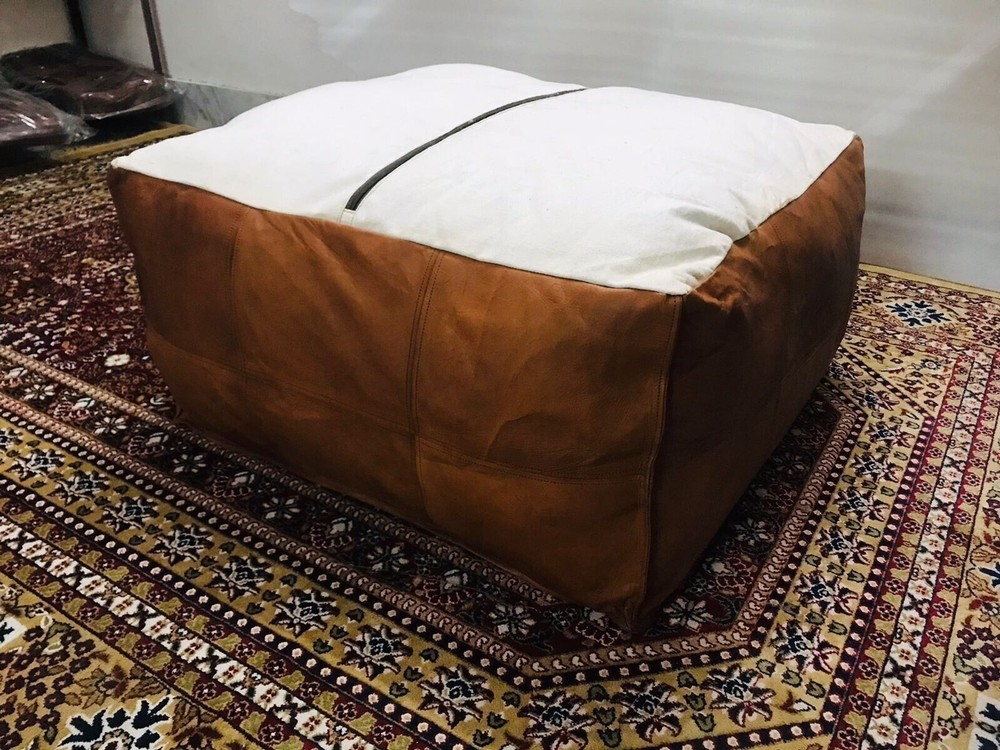 Authentic Moroccan Leather Pouf Handcrafted Boho Ottoman Genuine Leather Unstuff