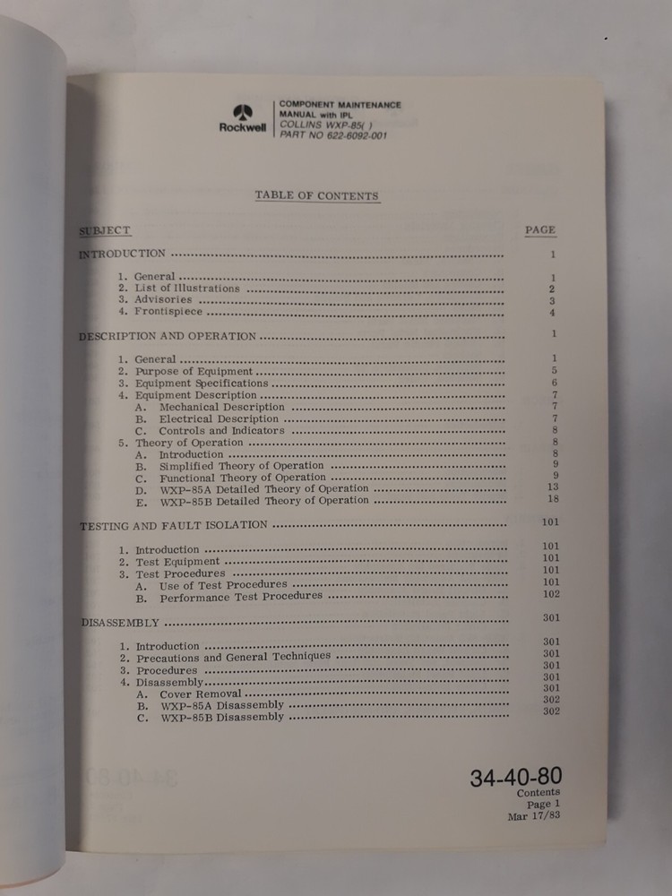 Collins WXP-85( ) Weather Radar Panel Component Maintenance Manual Original