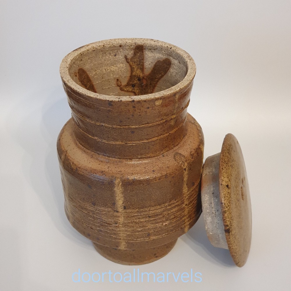 Vintage MCM Earthenware Covered Jar Ash Glaze Threaded 6.5"H Signed