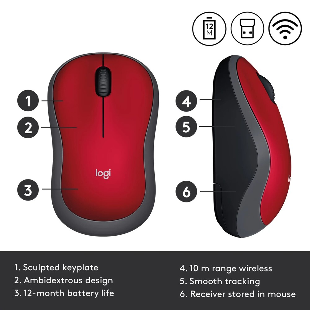 Logitech M185 Wireless Mouse - Red