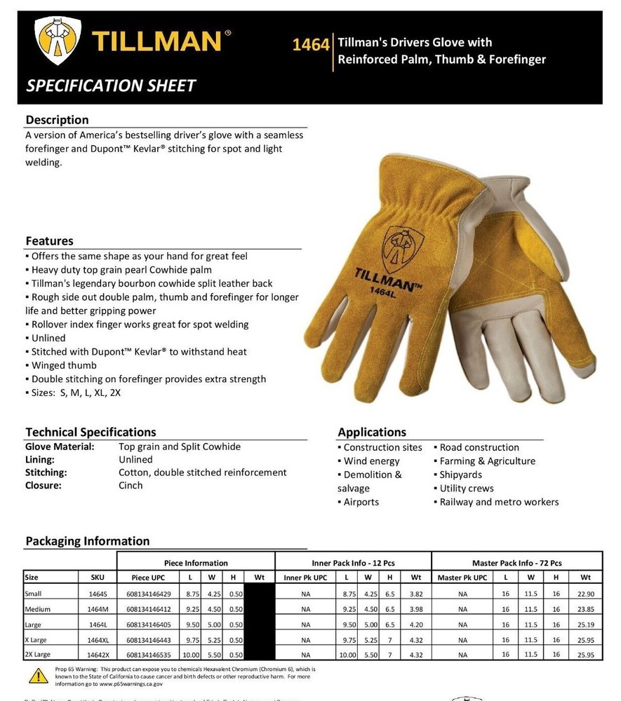 Tillman 1464 Top Grain Cowhide Split Palm Leather Drivers Protective Work Gloves