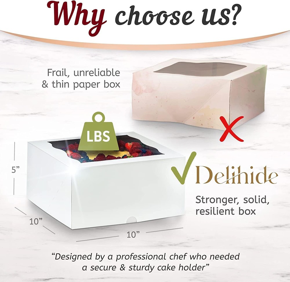 Premium Cake Boxes with Cake Boards Set - 12 Front-Loading Sturdy Cardboard C...