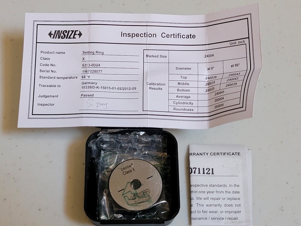 New Insize 0.24" Setting Ring Bore Gage Calibration Master Standard