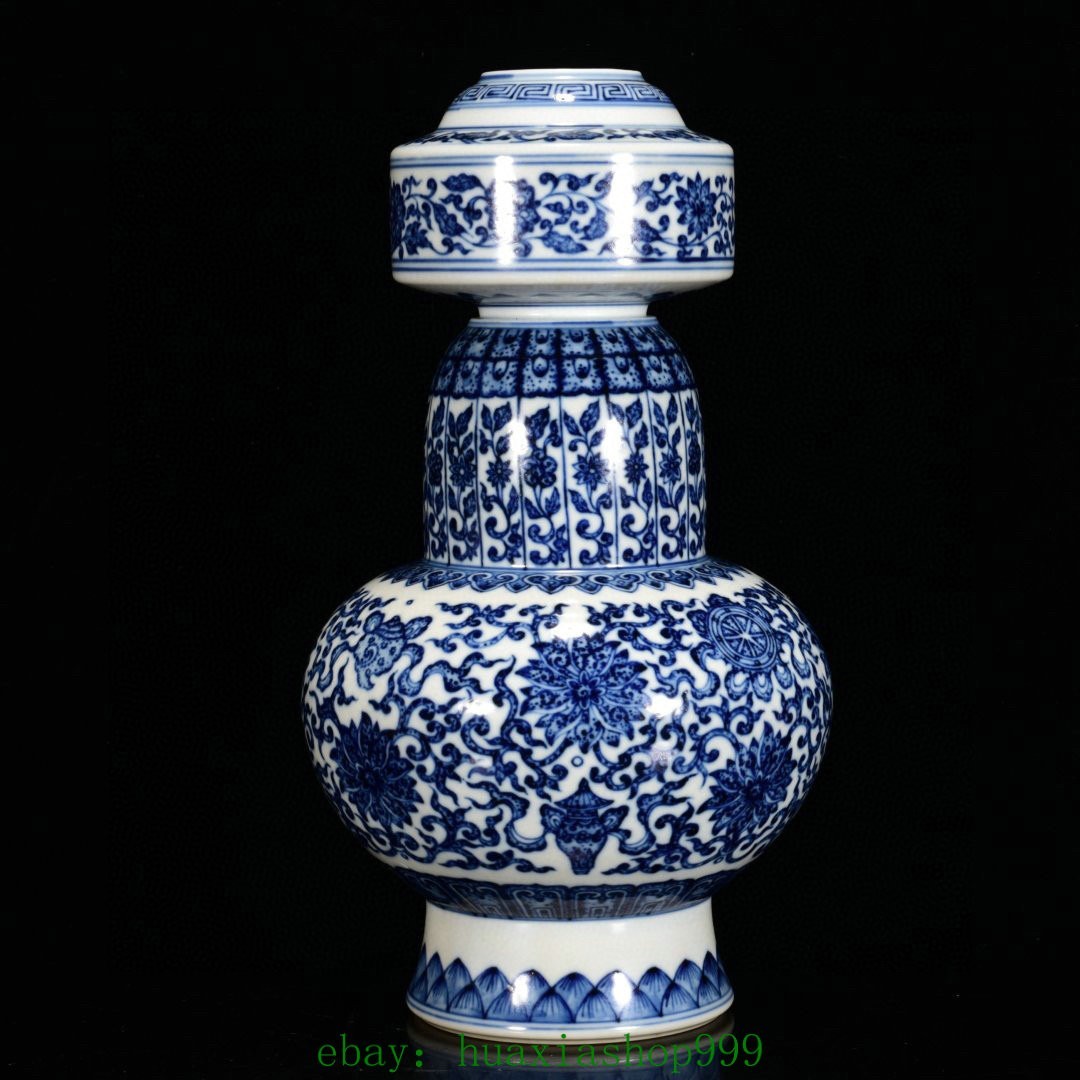 11.4"Old Qianlong Marked Blue White Porcelain Lotus Flower Pattern Bottle Vase