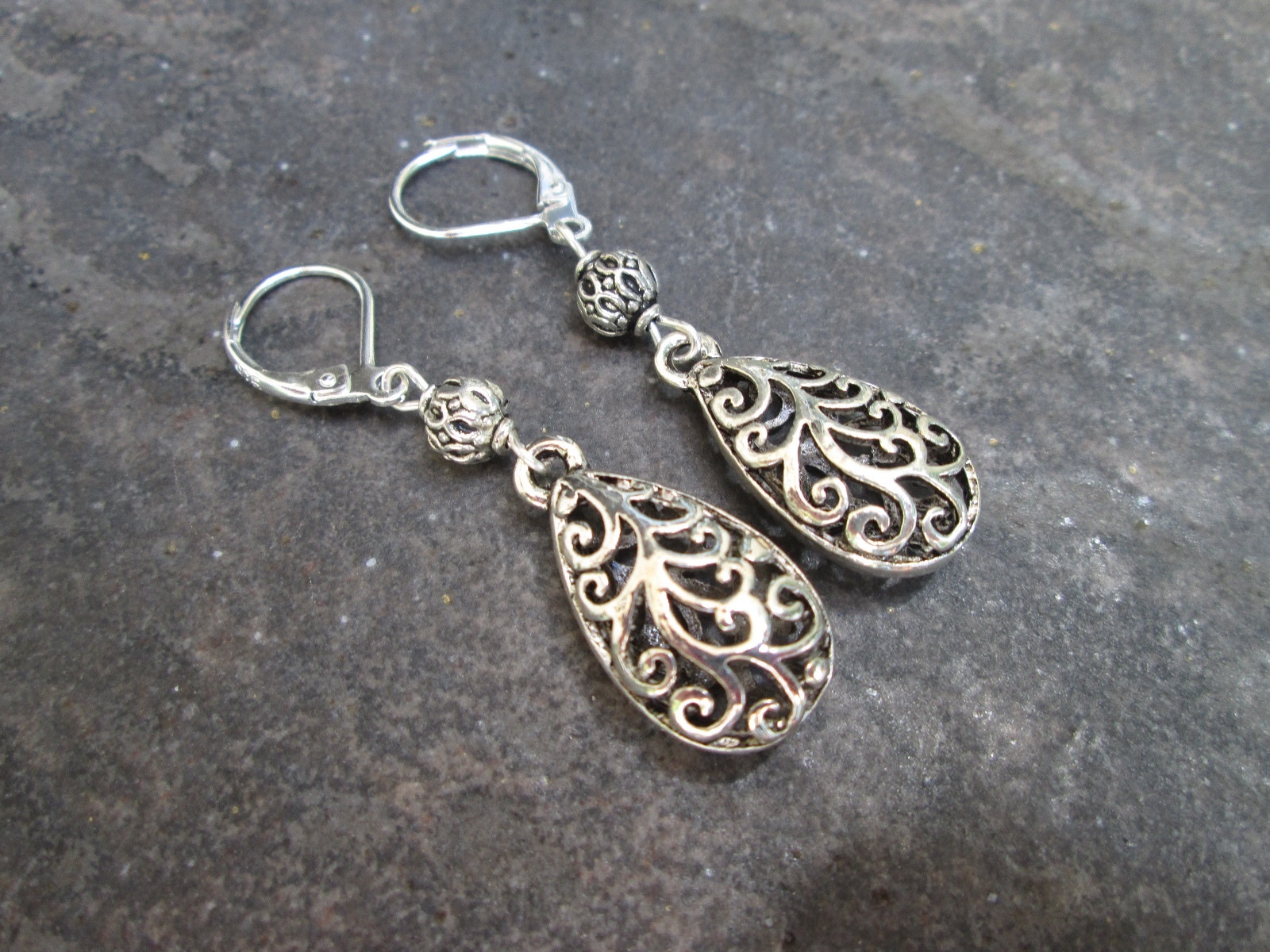 Silver Filigree Teardrop Earrings with Sterling Silver Leverbacks