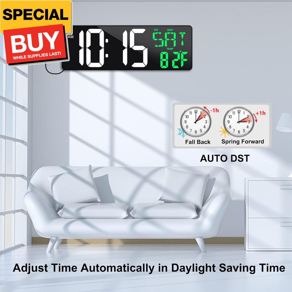 17 Inch Large Digital Wall Clock with Remote Control, Automatic Brightness Dimme