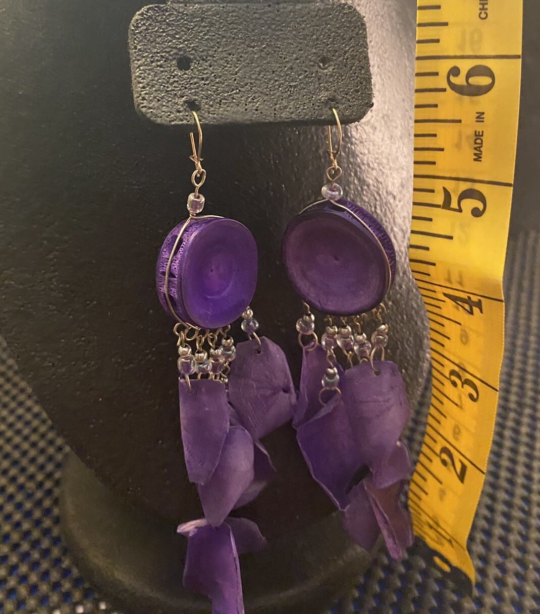 Artisan Purple Scales Leaf Shape On Round Sea Life Discs Dangle Beaded Earrings
