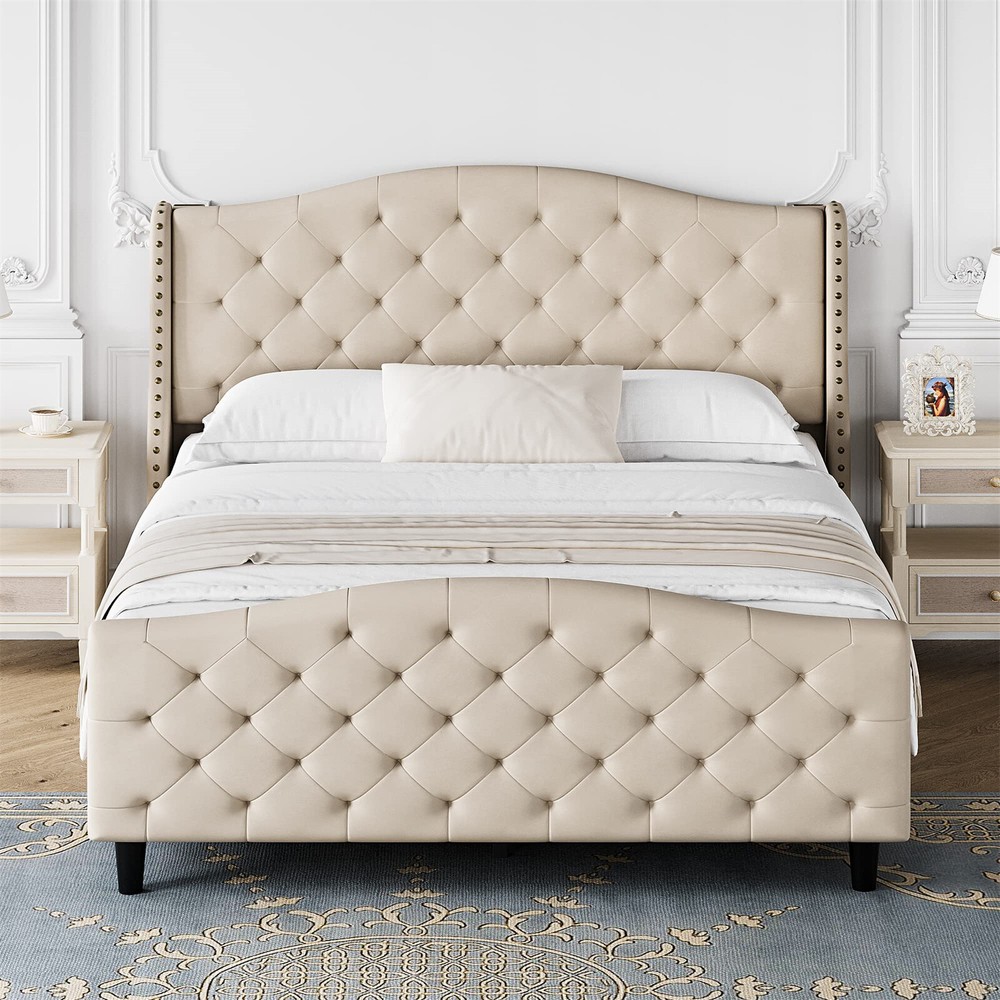 ⭐Bed Frame,Upholstered Bed Frame w/Headboard & Footboard, Modern Button Tufted