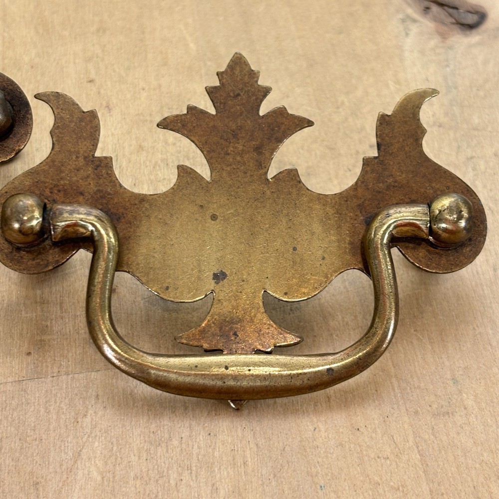 Pair Antique Brass Chippendale Style Batwing Drawer Pulls, 3.5"w