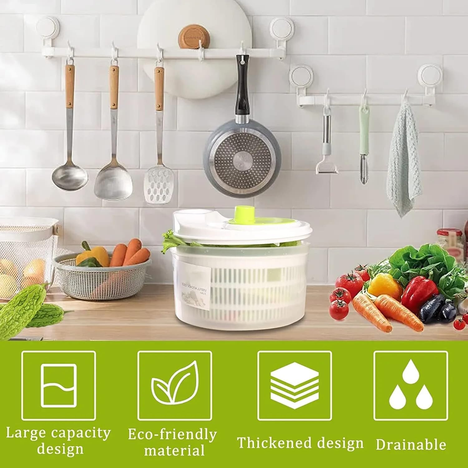 BN-LINK 3L Salad Spinner with Drain, Quick and Easy Multi-Use Lettuce Spinner