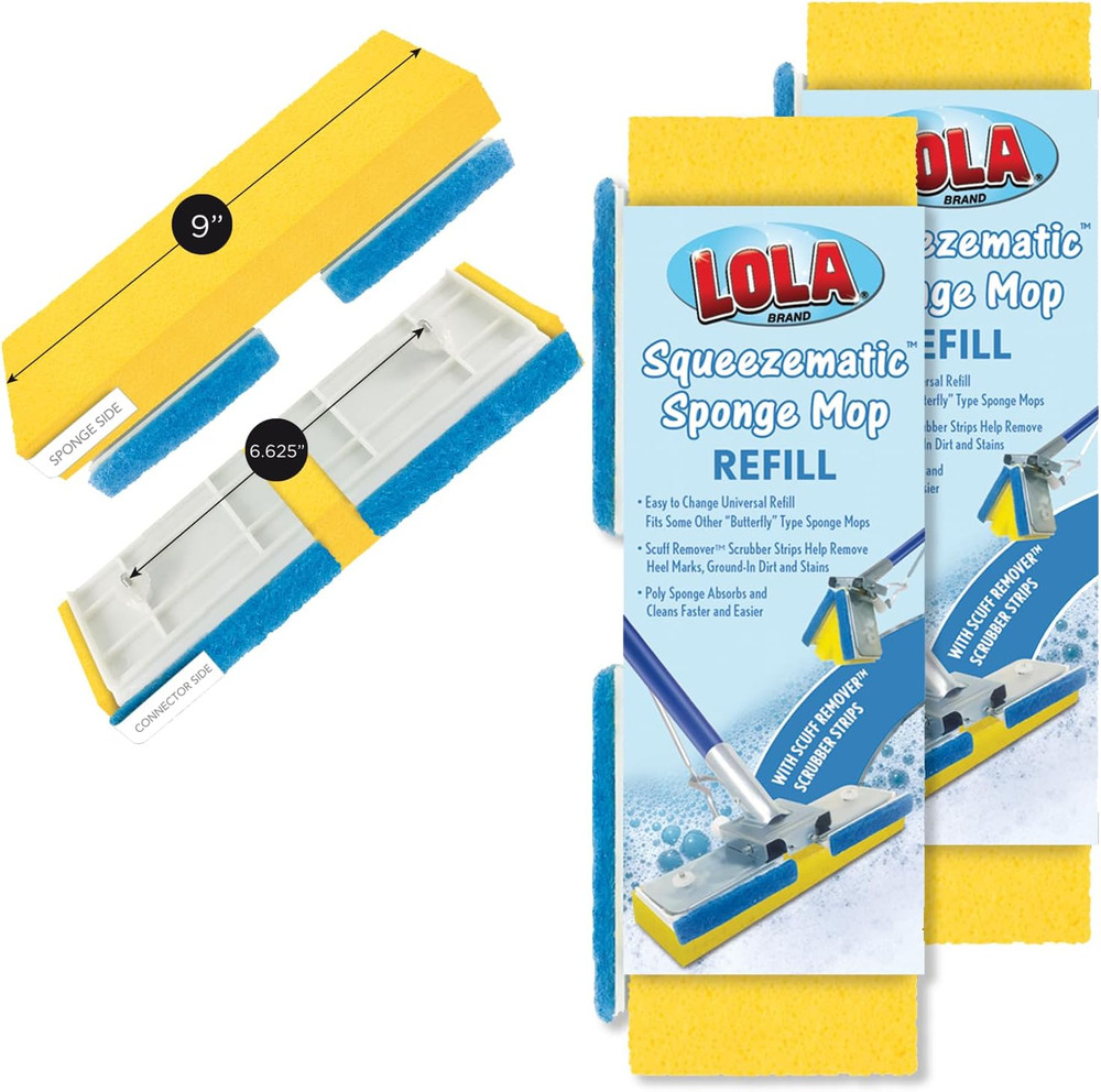 LOLA Squeeze Matic Butterfly Sponge Mop Refill, 9", 2 Pack Replacement Head, Flo