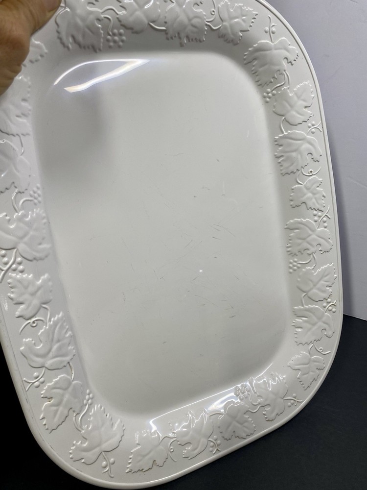 Vtg Corning White Embossed Vineyard Design 15.0” X 11.5 Rectangular Platter Tray