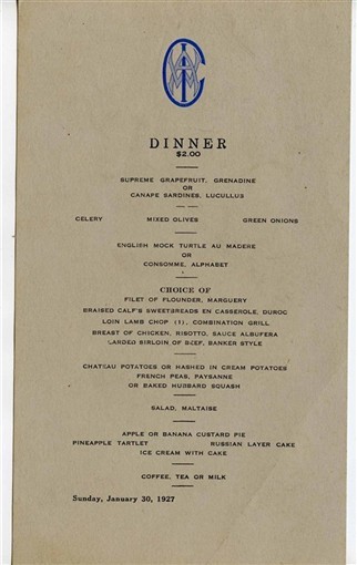 Monogram A and a W inside a C and an I $2.00 Complete Dinner Menu 1927