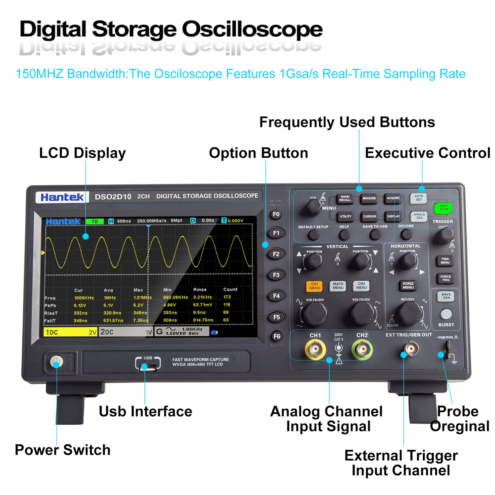 Hantek Digital DSO2000 Series Oscilloscope 2CH+1CH 1GSa/s 100/150MHz 25MHz AWG