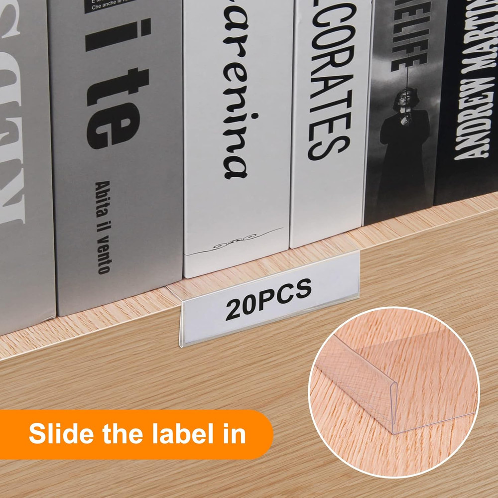 20 Pieces Moveable Shelf Label Holders with Insert, Clear Shelves Tag Moveab...