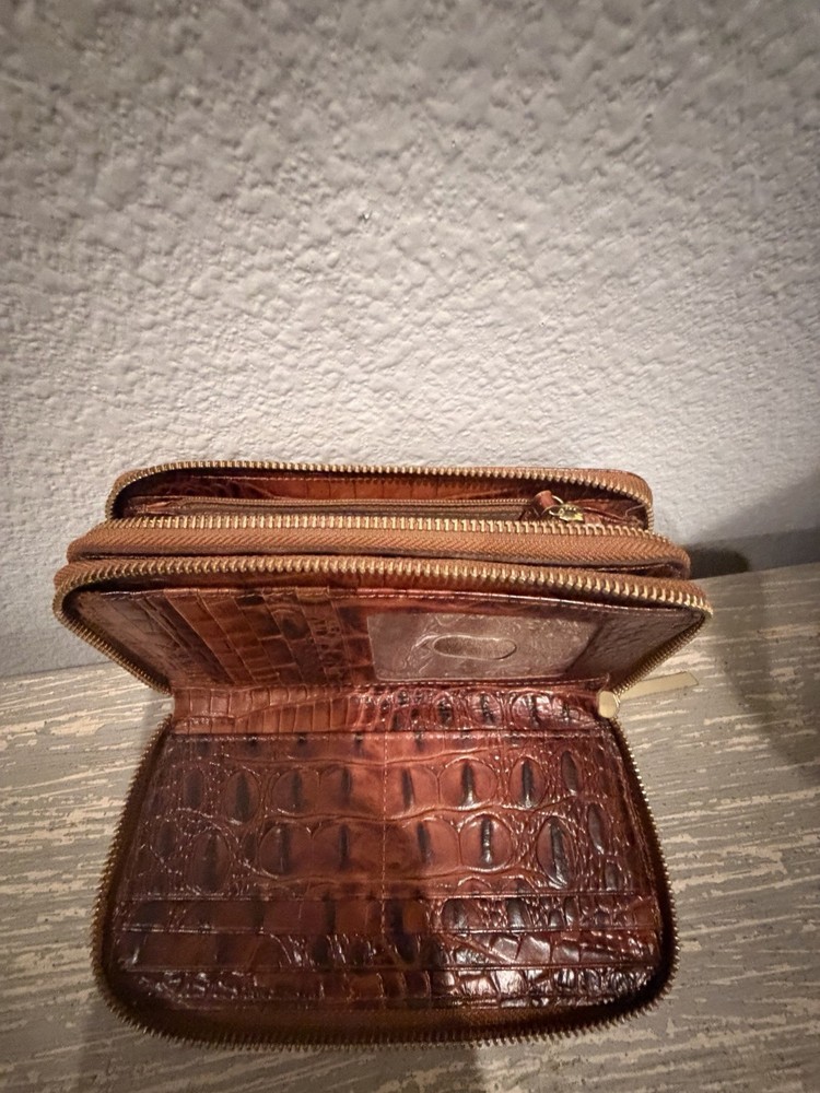Brahmin Brown Crocodile Pattern Zip-Around Wallet with Logo & Zipper Accent