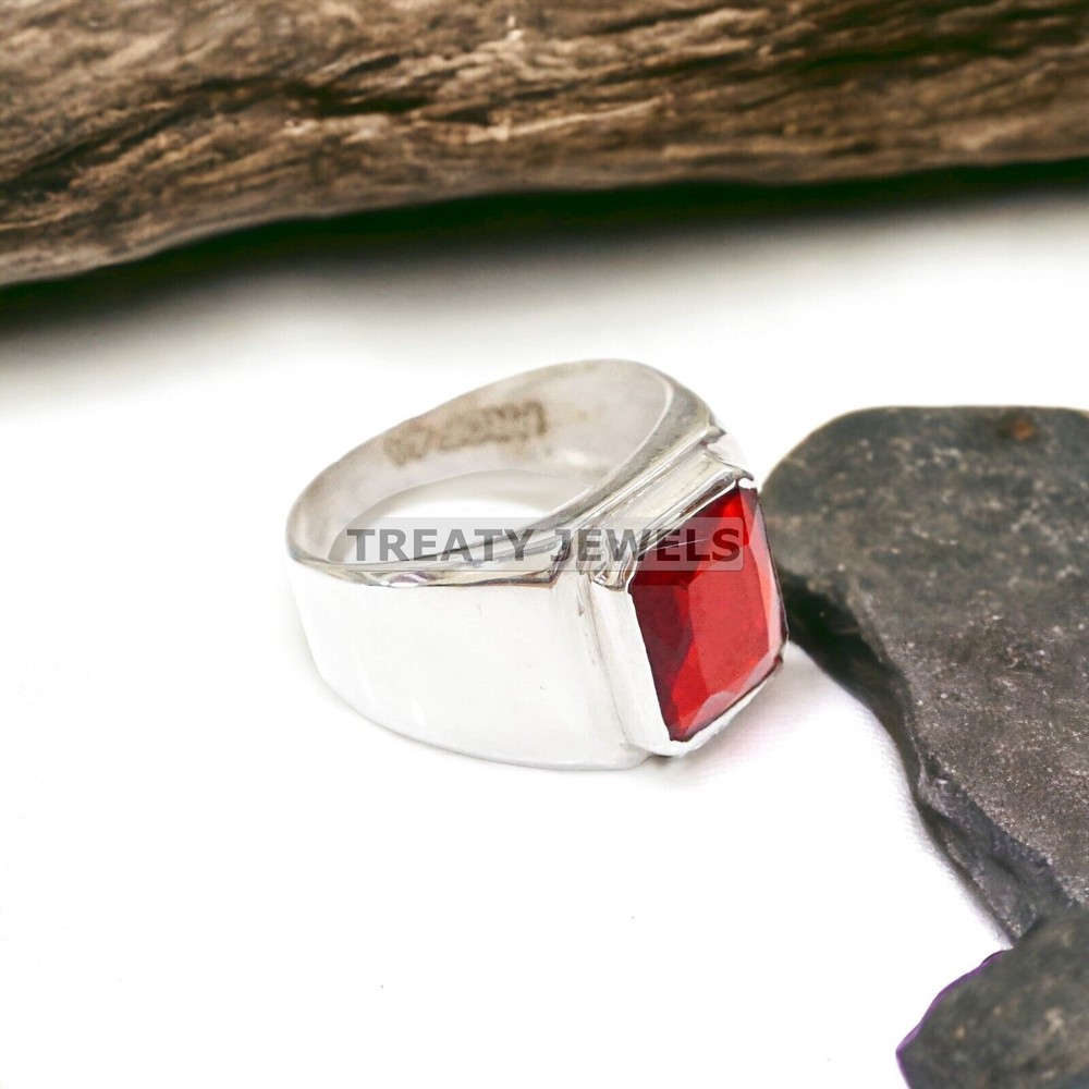 Ruby Emerald Cut Gemstone With 14K Solid White Gold Ring For Men's #989