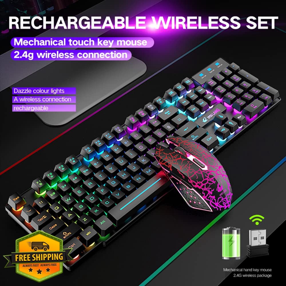 Wireless Gaming Keyboard Mouse Combo Rainbow Backlit 2.4GHz PC Mac