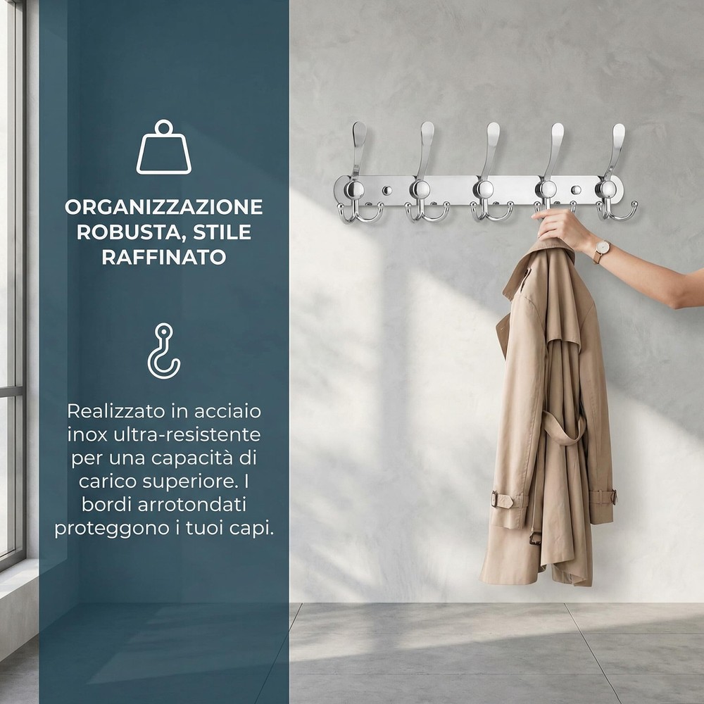 2-Pack Coat Rack Wall Mounted – Space-Saving Wall Clothes Rack, 5 Tri Hooks, ...