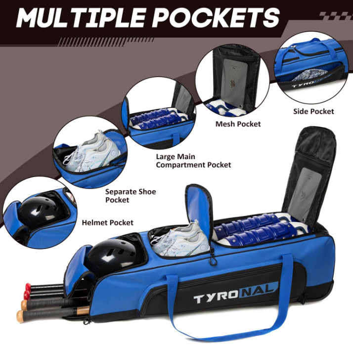 Baseball Bag with Wheels for 4 Bats,Soft Rolling Baseball Bag With Multi-Pockets