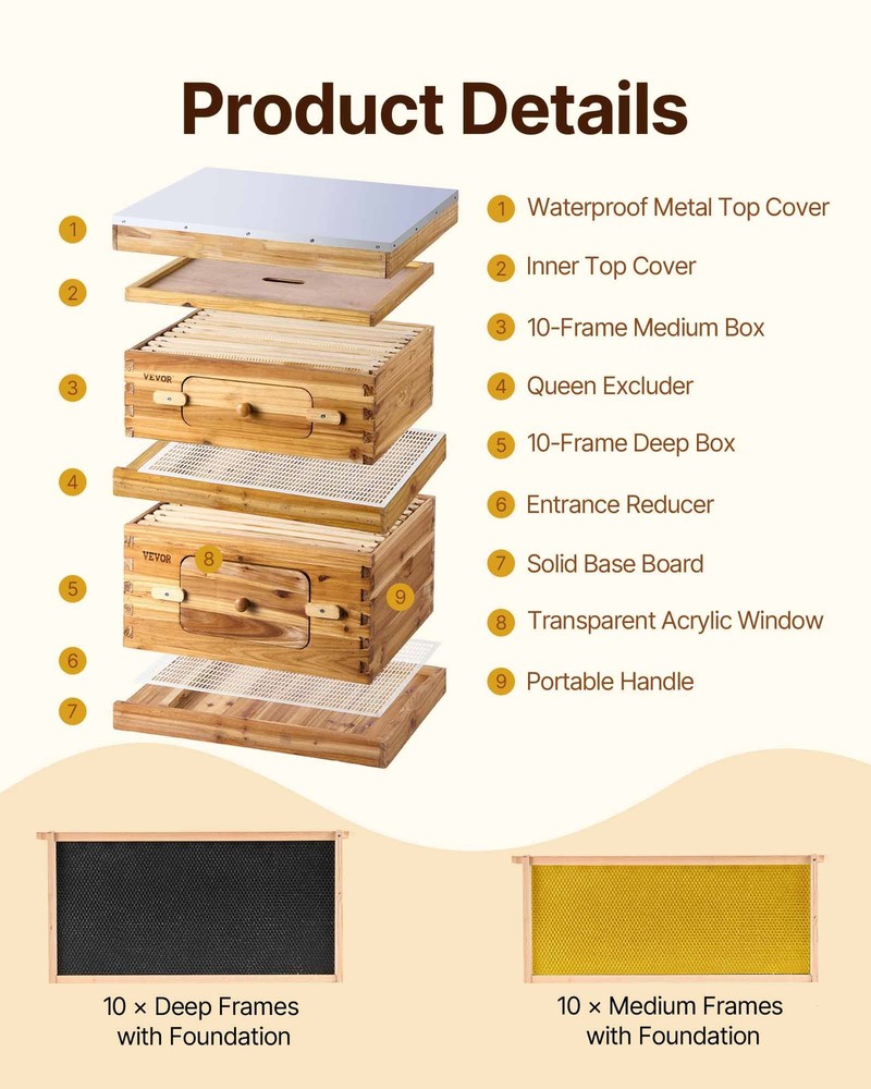 VEVOR Bee Hive Langstroth Kit 10 Deep & 10 Medium Frames with Acrylic Windows