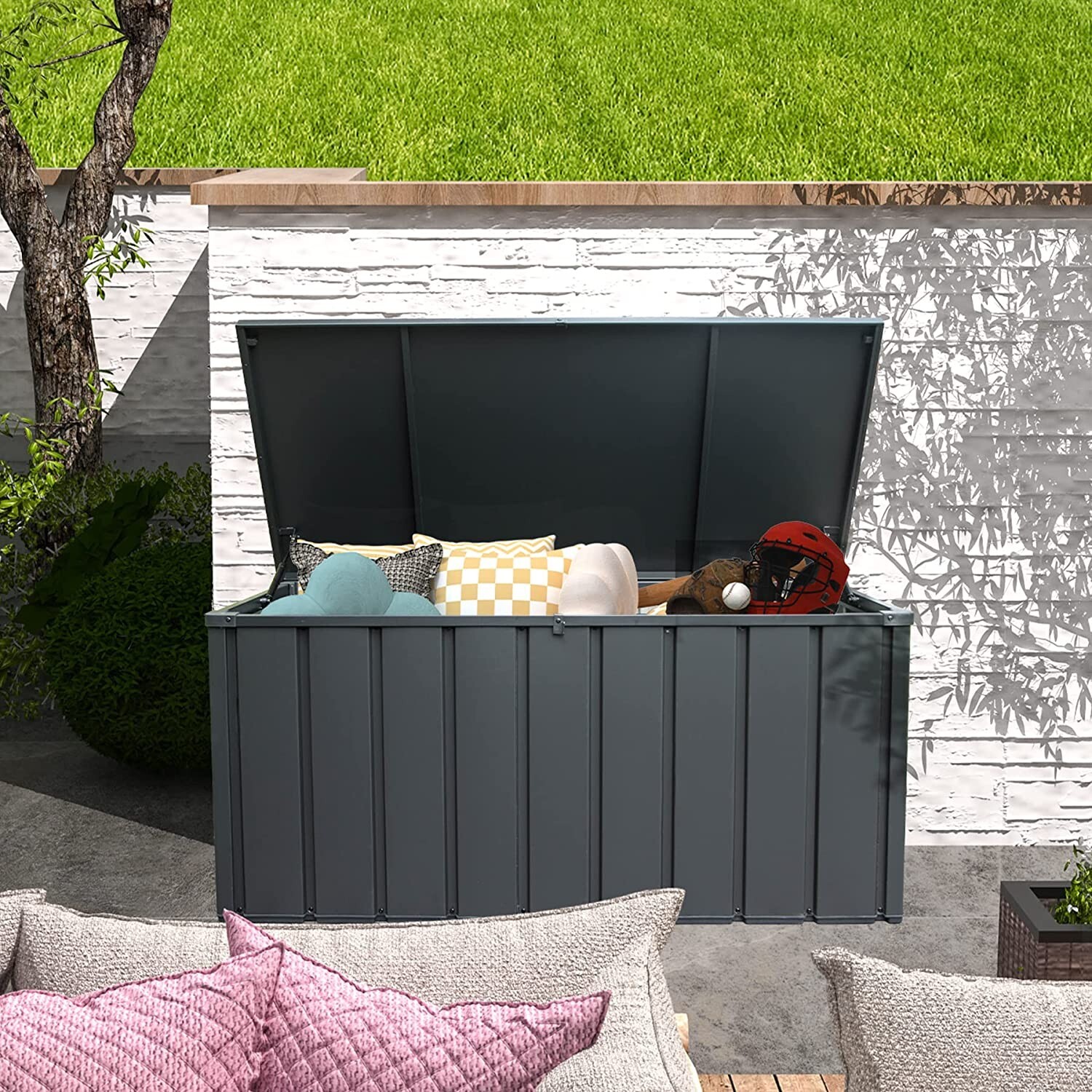 Domi 150 Gallon Metal Outdoor Storage Deck Box Waterproof w/Lockable (Grey)