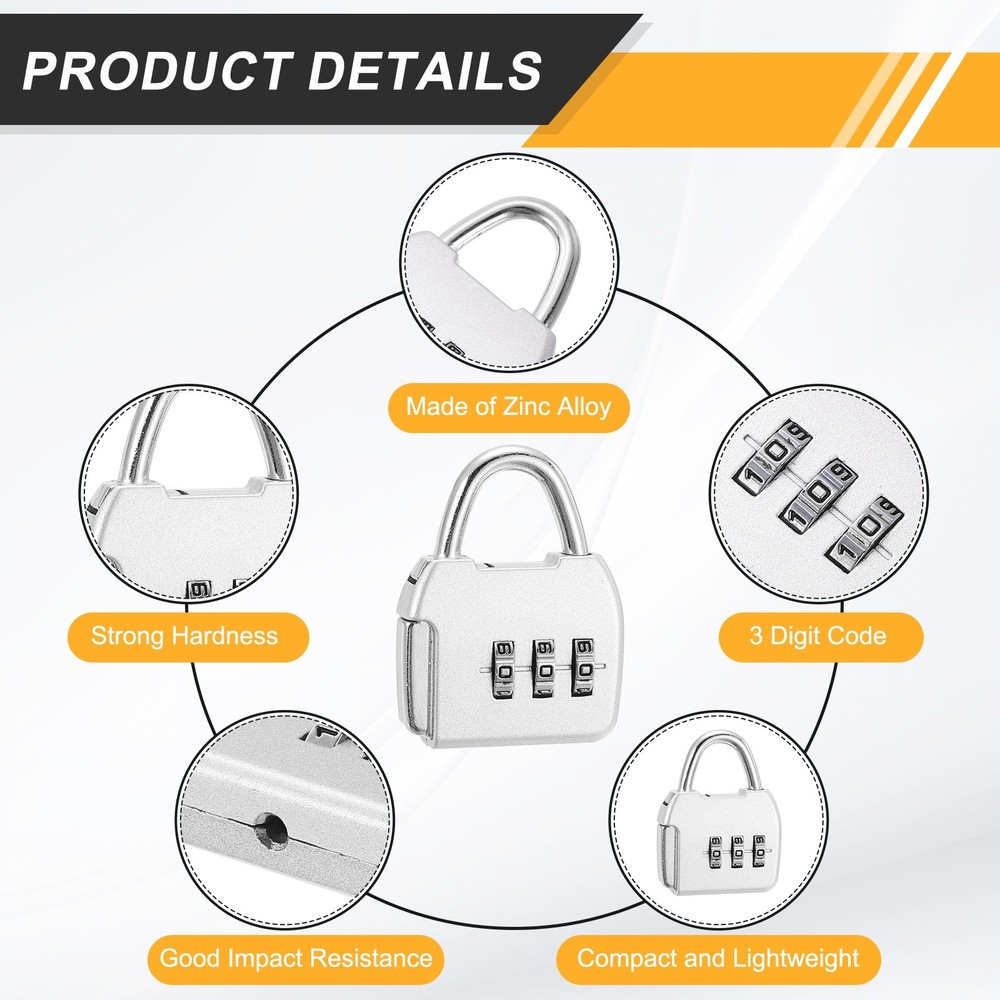 2Pcs Resettable 3 Digit Combination Lock Code Padlock, Silver (47 x 36mm)