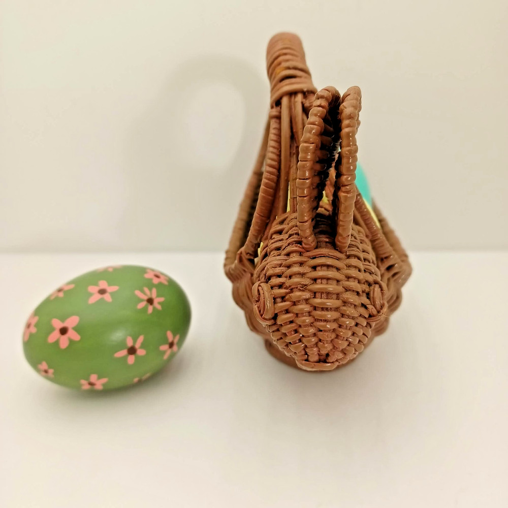 Vintage Small Easter Bunny Brown Wicker Basket 5” With Three 2.25" Ceramic Eggs