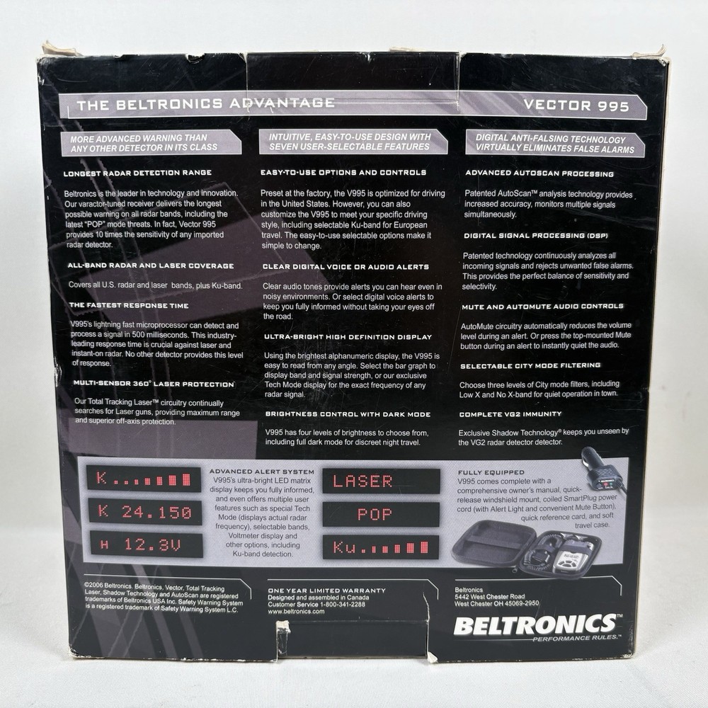 Beltronics Vector 995 Radar Detector + Power Cord & Mount + Extra Suction + Case