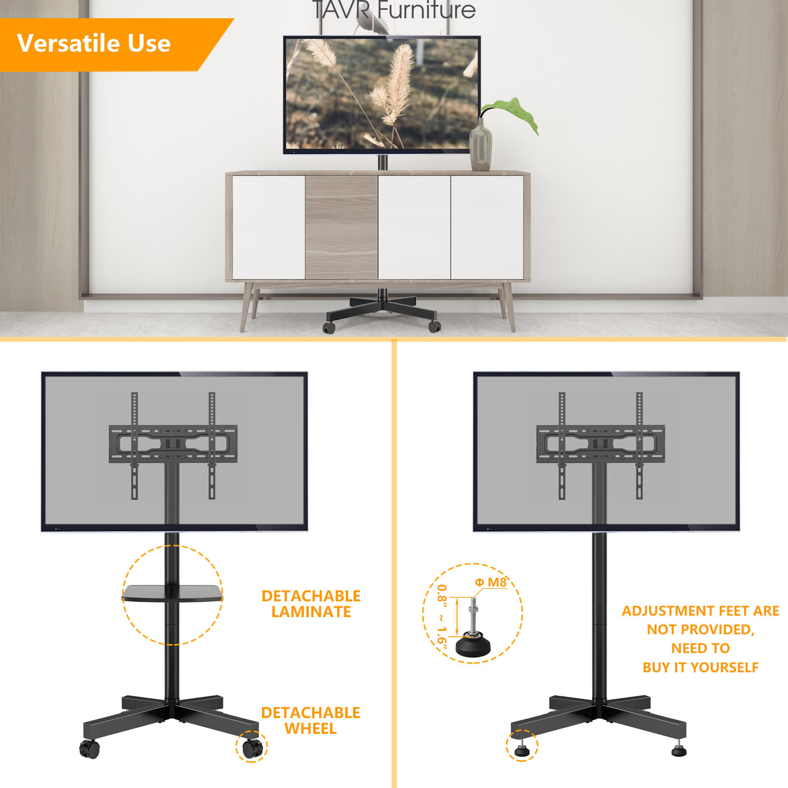 Mobile TV Stand on wheels for 32 to 60 inch Flat Panel TVs, Black