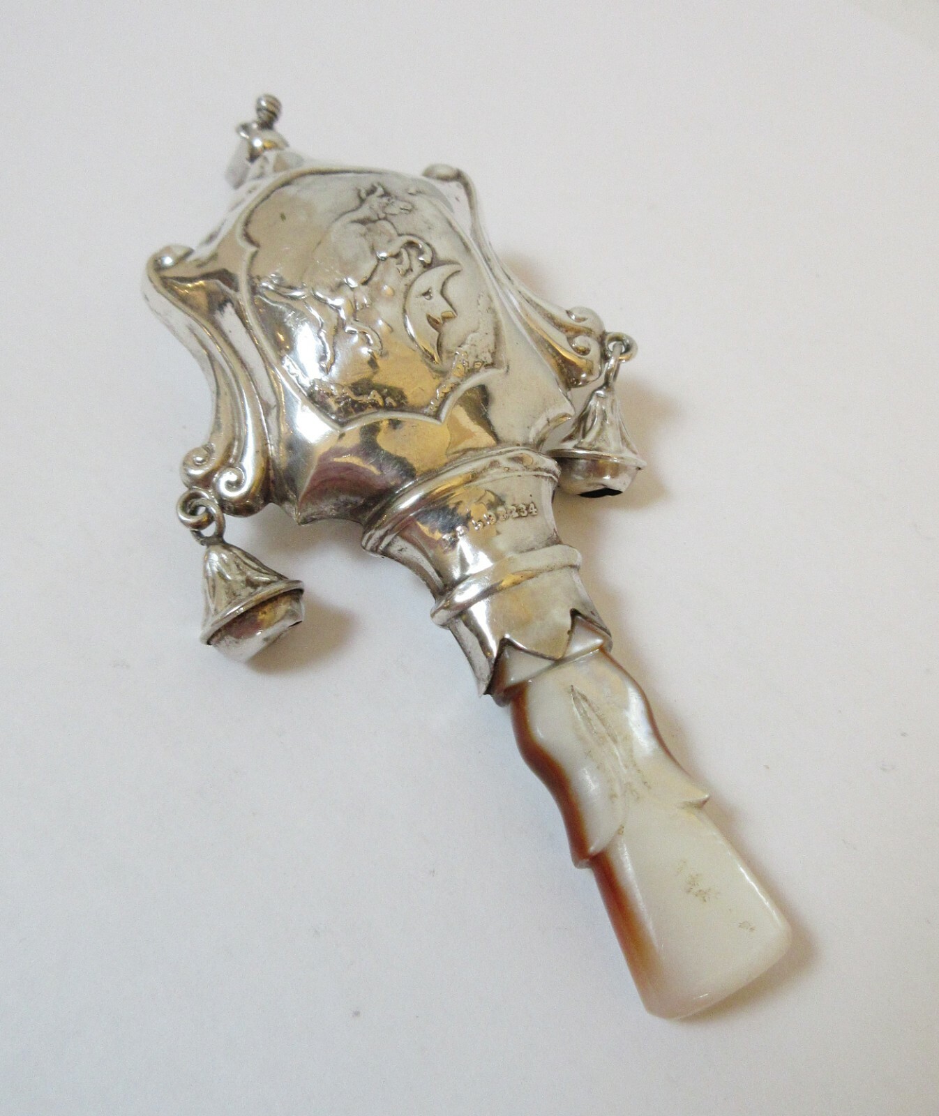 Antique Sterling Silver Rattle Cow Jumping Over Moon Carved Shell