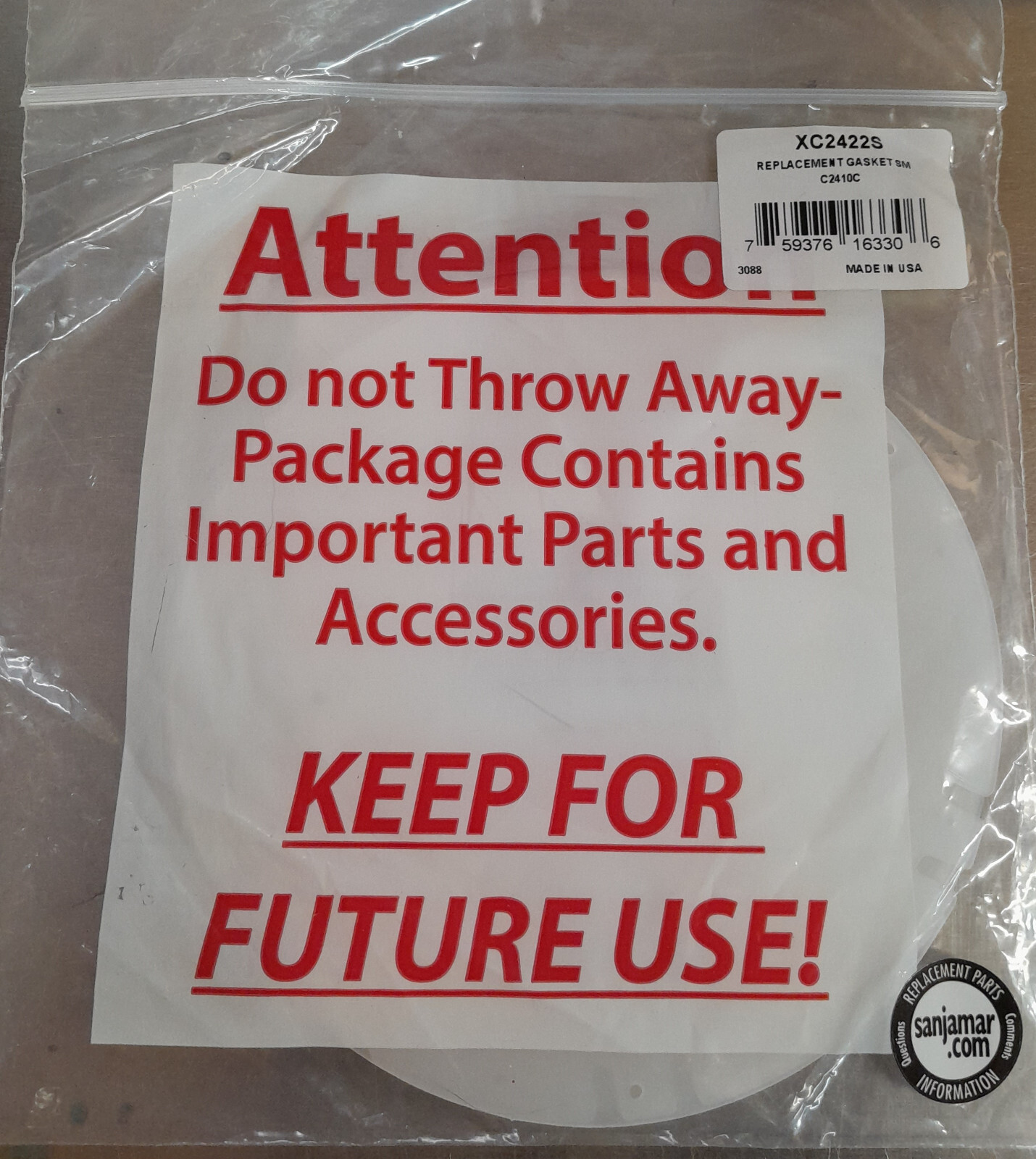 San Jamar XC2422S Small EZ-Fit Replacement Gasket 3 Piece