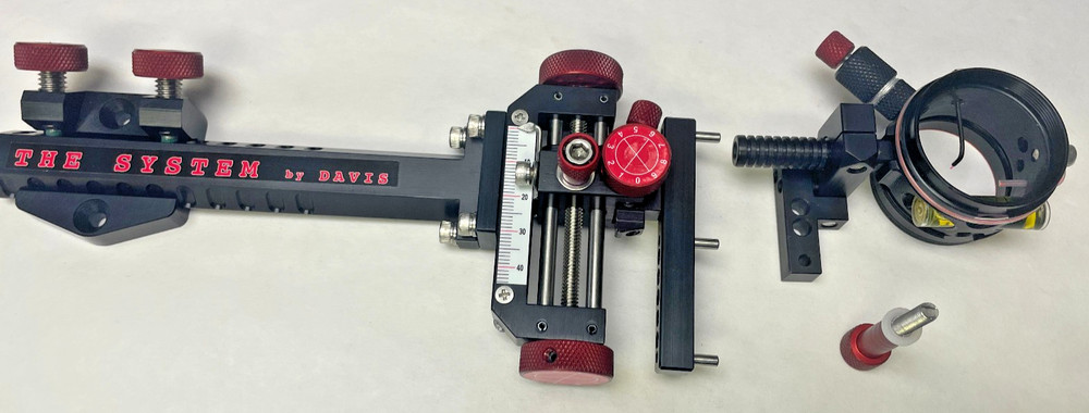 3" DAVIS TARGET SIGHT-Double Knob Mount-5.75" Ext-BLACK/RED KNOBS-Scope .019 Red