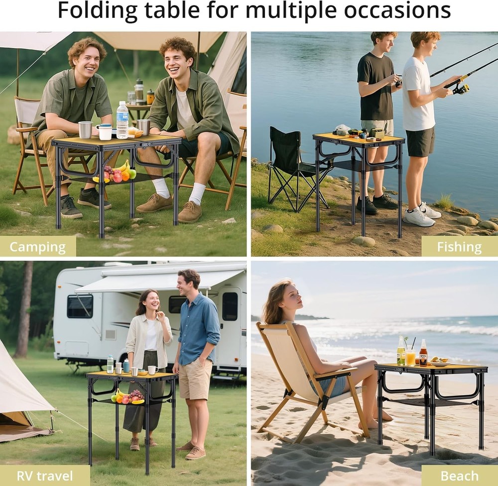 2ft Camping Table Foldable W/ Storage Net 3 Adjustable Heights Aluminum Small