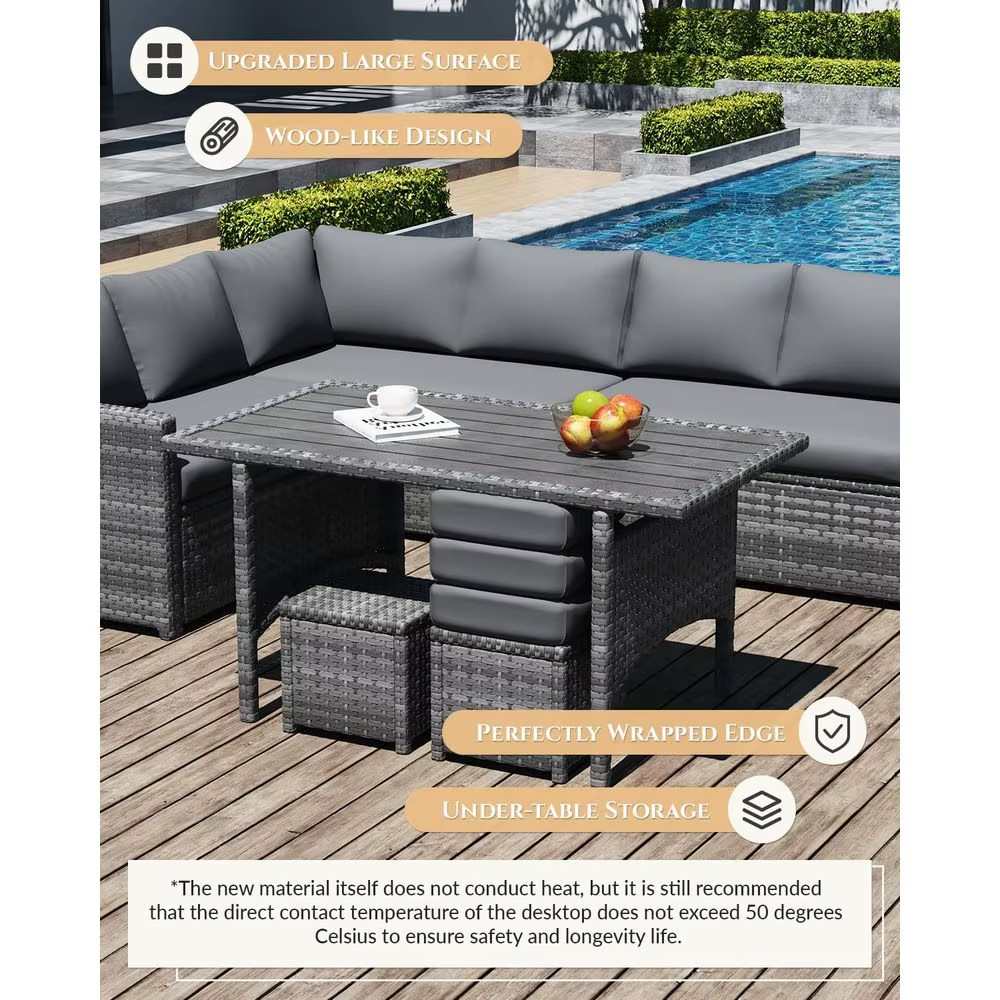 Gray Rattan Patio Furniture Set Sectional Sofa Table Chairs Ottoman Steel Frame
